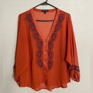 Boutique, size Large blouse, orange & purple, sheer texture, stitches detail
